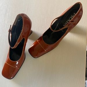 Prada fall colors 3 1/2 inch heels with ankle straps and orange stitching